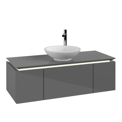 Picture of VILLEROY BOCH Legato Vanity unit, with lighting, 3 pull-out compartments, 1200 x 380 x 500 mm, Glossy Grey / Glossy Grey #B577L0FP