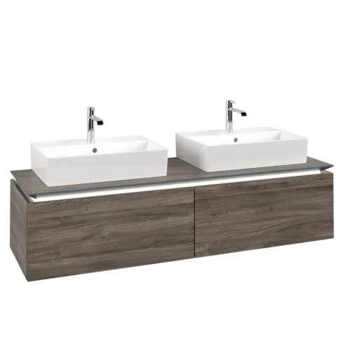 Picture of VILLEROY BOCH Legato Vanity unit, with lighting, 2 pull-out compartments, 1600 x 380 x 500 mm, Stone Oak / Stone Oak #B676L0RK
