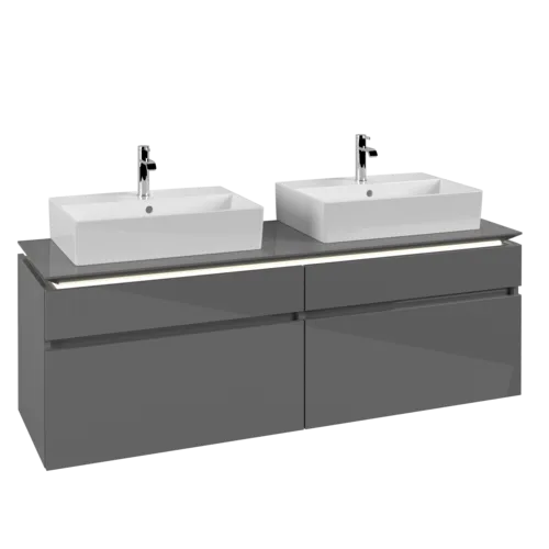 Picture of VILLEROY BOCH Legato Vanity unit, with lighting, 4 pull-out compartments, 1600 x 550 x 500 mm, Glossy Grey / Glossy Grey #B677L0FP