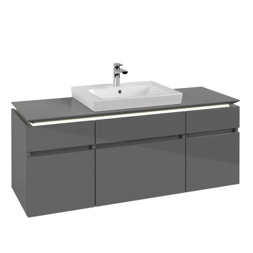 Picture of VILLEROY BOCH Legato Vanity unit, with lighting, 5 pull-out compartments, 1400 x 550 x 500 mm, Glossy Grey / Glossy Grey #B685L0FP