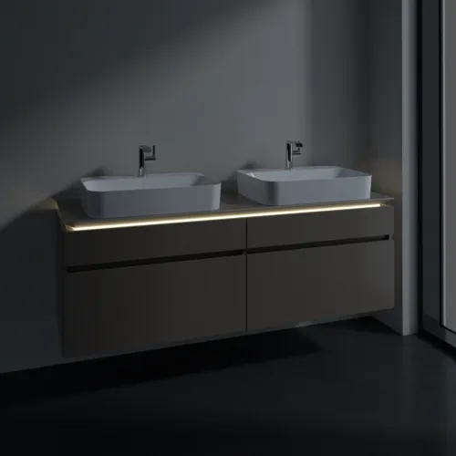 Picture of VILLEROY BOCH Legato Vanity unit, with lighting, 4 pull-out compartments, 1600 x 550 x 500 mm, Truffle Grey / Truffle Grey #B768L0VG