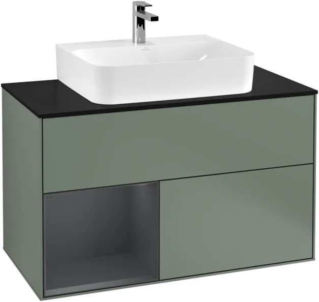 Picture of VILLEROY BOCH Finion Vanity unit, with lighting, 2 pull-out compartments, 1000 x 603 x 501 mm, Olive Matt Lacquer / Midnight Blue Matt Lacquer / Glass Black Matt #F112HGGM