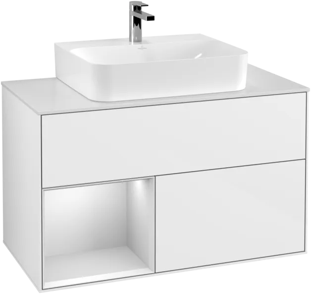 Picture of VILLEROY BOCH Finion Vanity unit, with lighting, 2 pull-out compartments, 1000 x 603 x 501 mm, Glossy White Lacquer / White Matt Lacquer / Glass White Matt #F111MTGF