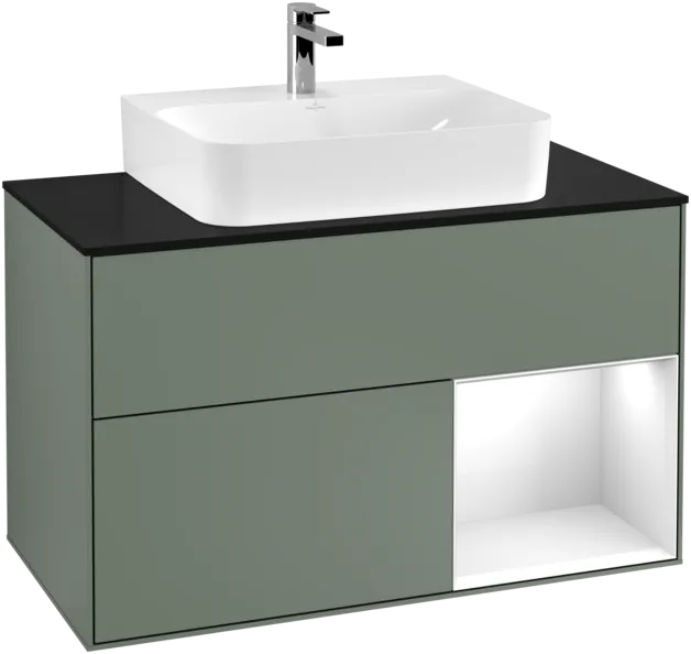 Picture of VILLEROY BOCH Finion Vanity unit, with lighting, 2 pull-out compartments, 1000 x 603 x 501 mm, Olive Matt Lacquer / Glossy White Lacquer / Glass Black Matt #F122GFGM
