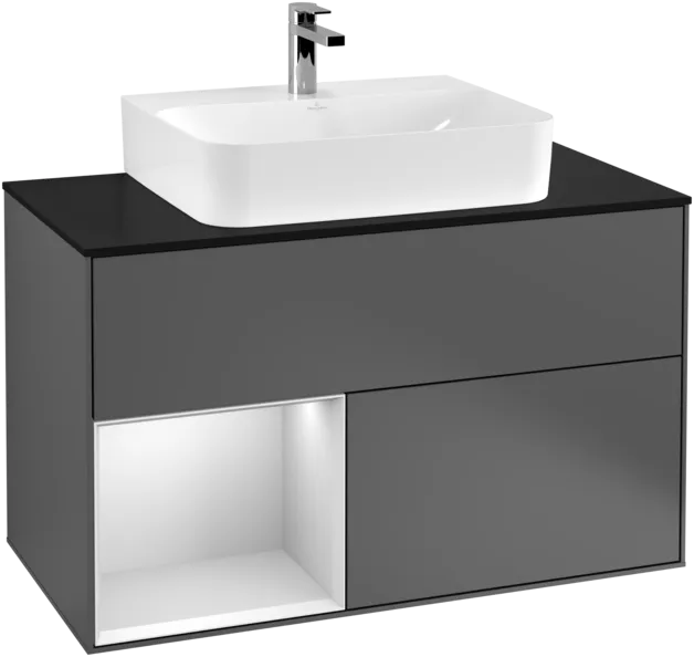 Obrázek VILLEROY BOCH Toaletní skříňka Finion, s osvětlením, 2 výsuvy, 1000 x 603 x 501 mm, antracitový matný lak / bílý matný lak / černé matné sklo #F112MTGK