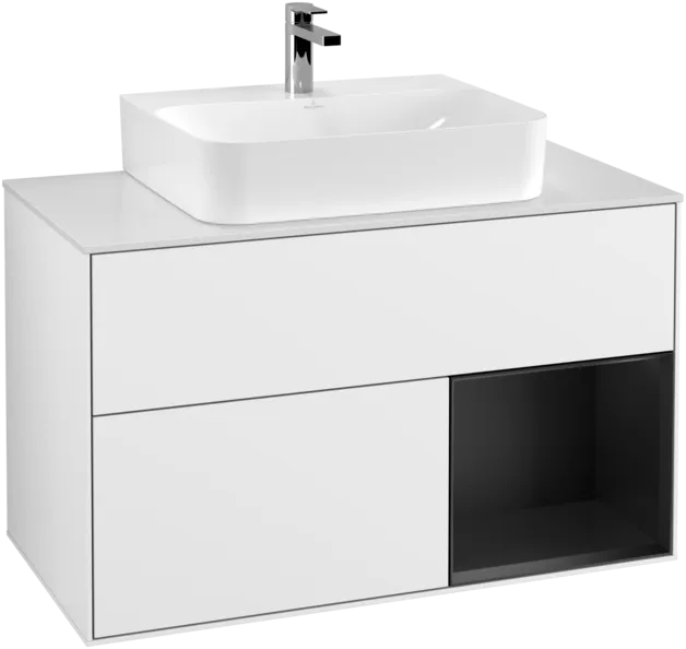 Picture of VILLEROY BOCH Finion Vanity unit, with lighting, 2 pull-out compartments, 1000 x 603 x 501 mm, Glossy White Lacquer / Black Matt Lacquer / Glass White Matt #F121PDGF