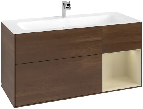 VILLEROY BOCH Finion Vanity unit, with lighting, 3 pull-out compartments, 1196 x 591 x 498 mm, Walnut Veneer / Silk Grey Matt Lacquer #F070HJGN resmi