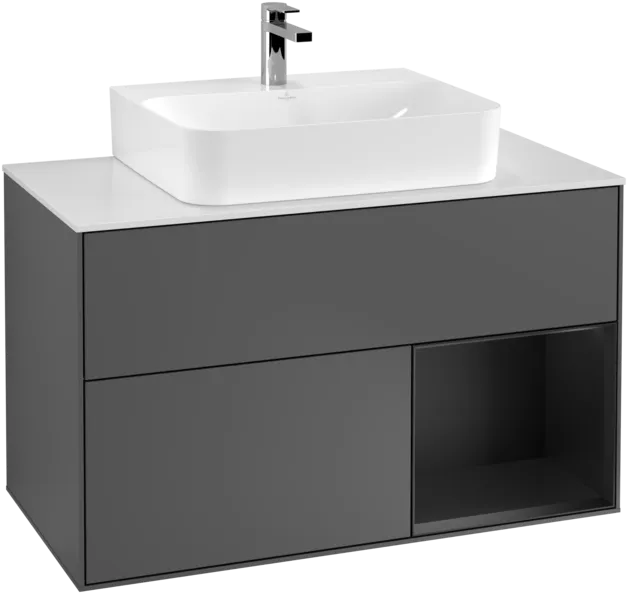 VILLEROY BOCH Finion Vanity unit, with lighting, 2 pull-out compartments, 1000 x 603 x 501 mm, Anthracite Matt Lacquer / Black Matt Lacquer / Glass White Matt #F121PDGK resmi