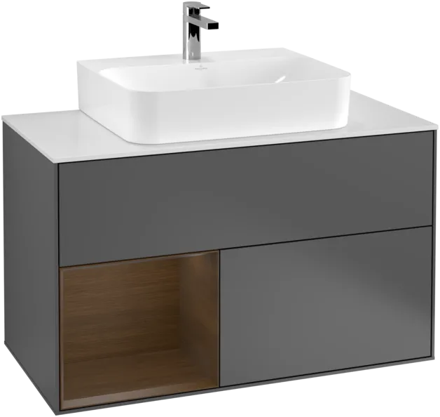 VILLEROY BOCH Finion Vanity unit, with lighting, 2 pull-out compartments, 1000 x 603 x 501 mm, Anthracite Matt Lacquer / Walnut Veneer / Glass White Matt #F111GNGK resmi