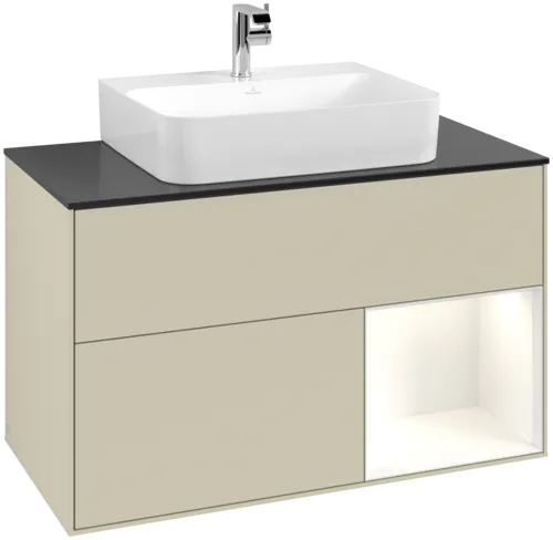 VILLEROY BOCH Finion Vanity unit, with lighting, 2 pull-out compartments, 1000 x 603 x 501 mm, Silk Grey Matt Lacquer / Glossy White Lacquer / Glass Black Matt #F122GFHJ resmi