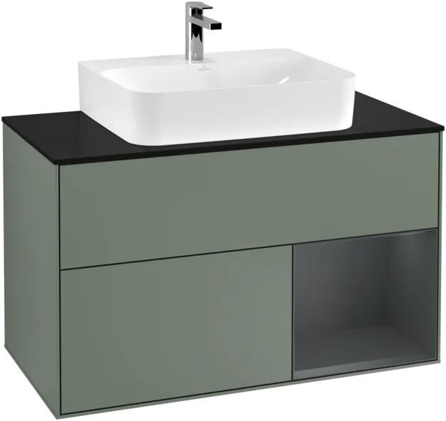 Picture of VILLEROY BOCH Finion Vanity unit, with lighting, 2 pull-out compartments, 1000 x 603 x 501 mm, Olive Matt Lacquer / Midnight Blue Matt Lacquer / Glass Black Matt #F122HGGM