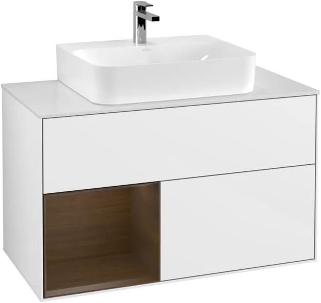 VILLEROY BOCH Finion Vanity unit, with lighting, 2 pull-out compartments, 1000 x 603 x 501 mm, Glossy White Lacquer / Walnut Veneer / Glass White Matt #F111GNGF resmi