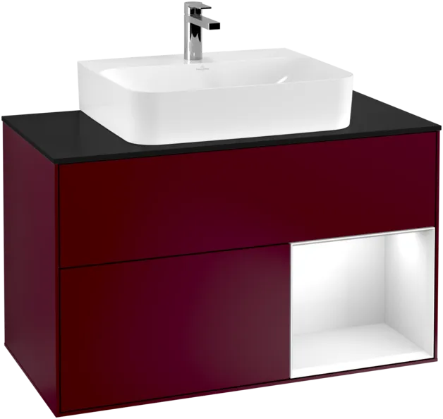 Зображення з  VILLEROY BOCH Finion Vanity unit, with lighting, 2 pull-out compartments, 1000 x 603 x 501 mm, Peony Matt Lacquer / Glossy White Lacquer / Glass Black Matt #F122GFHB