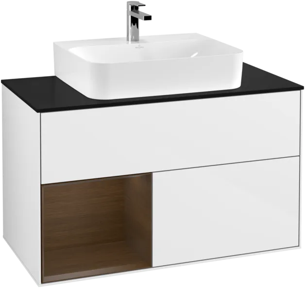 VILLEROY BOCH Finion Vanity unit, with lighting, 2 pull-out compartments, 1000 x 603 x 501 mm, Glossy White Lacquer / Walnut Veneer / Glass Black Matt #F112GNGF resmi