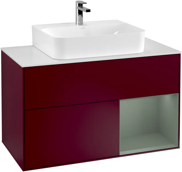 VILLEROY BOCH Finion Vanity unit, with lighting, 2 pull-out compartments, 1000 x 603 x 501 mm, Peony Matt Lacquer / Olive Matt Lacquer / Glass White Matt #F121GMHB resmi