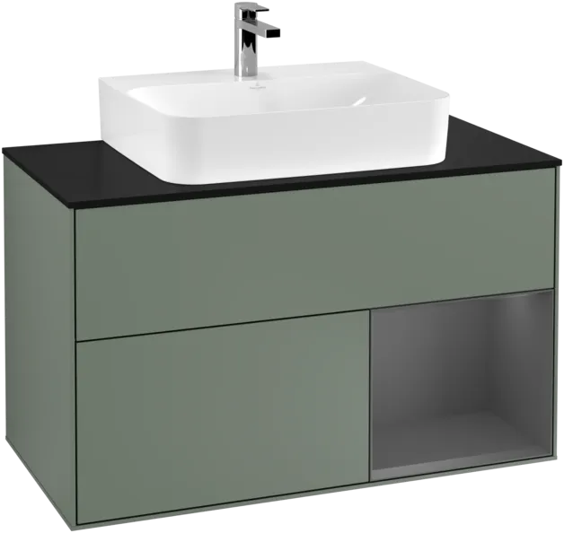VILLEROY BOCH Finion Vanity unit, with lighting, 2 pull-out compartments, 1000 x 603 x 501 mm, Olive Matt Lacquer / Anthracite Matt Lacquer / Glass Black Matt #F122GKGM resmi