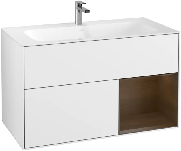 Зображення з  VILLEROY BOCH Finion Vanity unit, with lighting, 2 pull-out compartments, 996 x 591 x 498 mm, Glossy White Lacquer / Walnut Veneer #F040GNGF