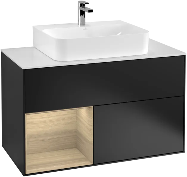 Picture of VILLEROY BOCH Finion Vanity unit, with lighting, 2 pull-out compartments, 1000 x 603 x 501 mm, Black Matt Lacquer / Oak Veneer / Glass White Matt #F111PCPD