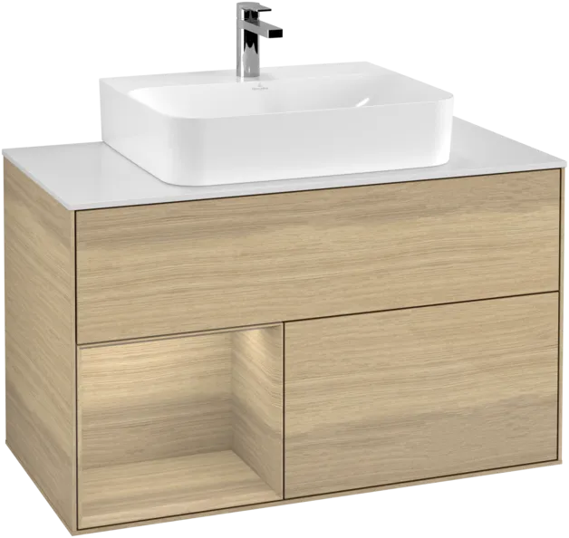 Picture of VILLEROY BOCH Finion Vanity unit, with lighting, 2 pull-out compartments, 1000 x 603 x 501 mm, Oak Veneer / Oak Veneer / Glass White Matt #F111PCPC