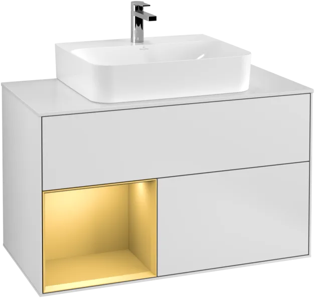 Picture of VILLEROY BOCH Finion Vanity unit, with lighting, 2 pull-out compartments, 1000 x 603 x 501 mm, White Matt Lacquer / Gold Matt Lacquer / Glass White Matt #F111HFMT