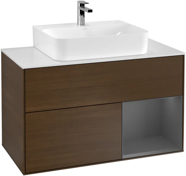Picture of VILLEROY BOCH Finion Vanity unit, with lighting, 2 pull-out compartments, 1000 x 603 x 501 mm, Walnut Veneer / Anthracite Matt Lacquer / Glass White Matt #F121GKGN