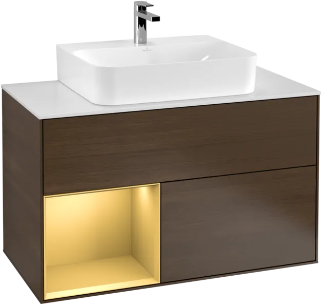Picture of VILLEROY BOCH Finion Vanity unit, with lighting, 2 pull-out compartments, 1000 x 603 x 501 mm, Walnut Veneer / Gold Matt Lacquer / Glass White Matt #F111HFGN