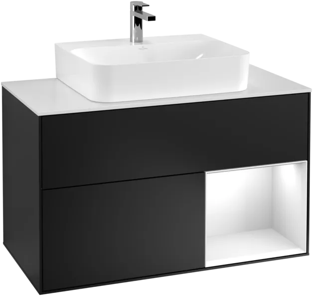 Obrázek VILLEROY BOCH Toaletní skříňka Finion, s osvětlením, 2 výsuvy, 1000 x 603 x 501 mm, černý matný lak / bílý lesklý lak / bílé matné sklo #F121GFPD