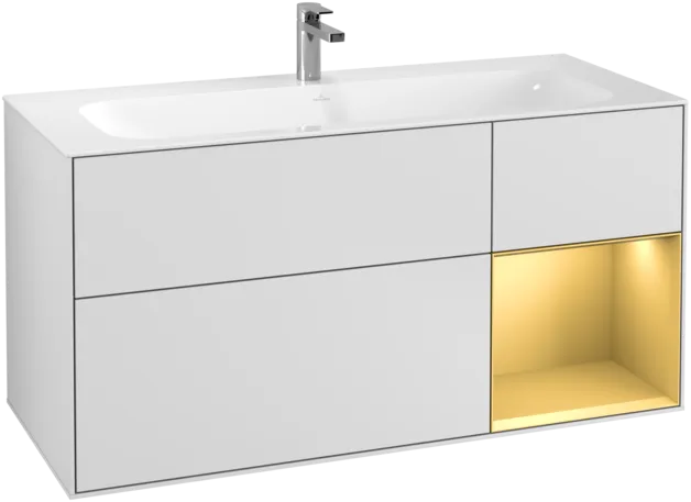 Obrázek VILLEROY BOCH Toaletní skříňka Finion, s osvětlením, 3 výsuvy, 1196 x 591 x 498 mm, bílý matný lak / zlatý matný lak #F070HFMT