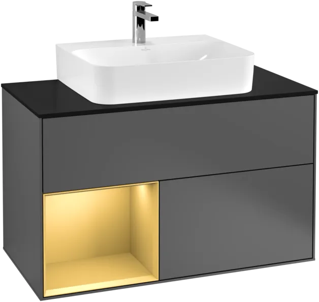 Obrázek VILLEROY BOCH Toaletní skříňka Finion, s osvětlením, 2 výsuvy, 1000 x 603 x 501 mm, antracit matný lak / zlatý matný lak / černé matné sklo #F112HFGK