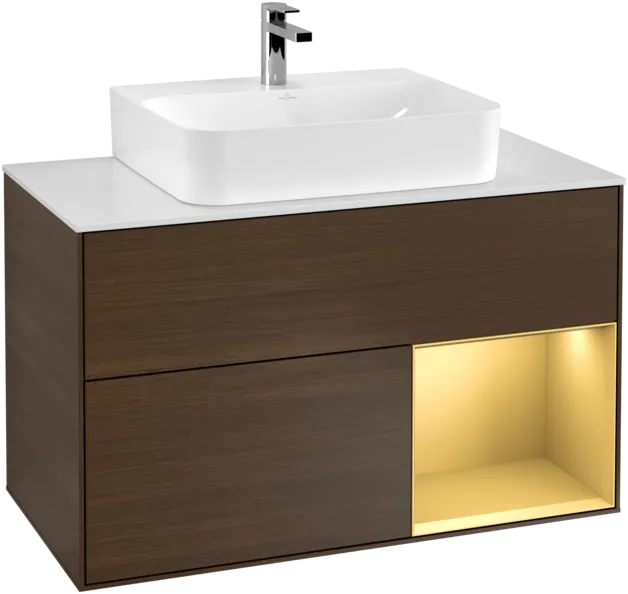 Obrázek VILLEROY BOCH Toaletní stolek Finion, s osvětlením, 2 výsuvy, 1000 x 603 x 501 mm, ořechová dýha / zlatý matný lak / sklo bílé matné #F121HFGN