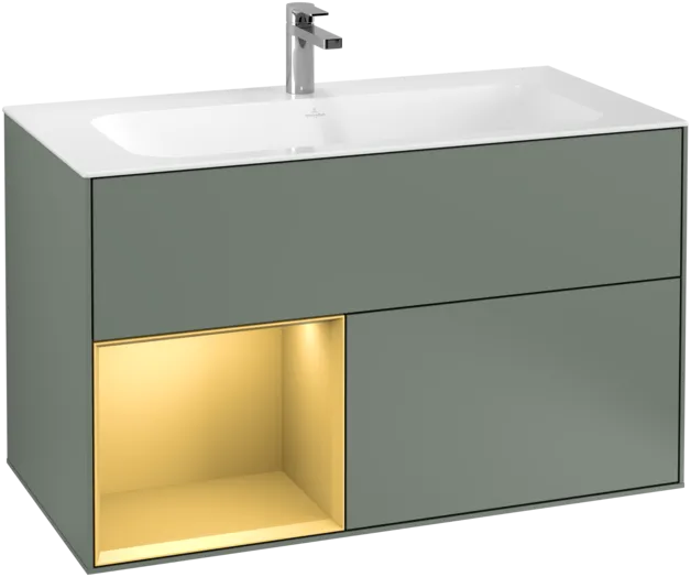 Зображення з  VILLEROY BOCH Finion Vanity unit, with lighting, 2 pull-out compartments, 996 x 591 x 498 mm, Olive Matt Lacquer / Gold Matt Lacquer #F030HFGM