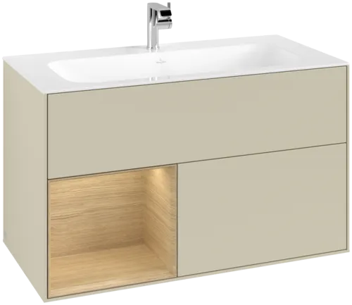 Picture of VILLEROY BOCH Finion Vanity unit, with lighting, 2 pull-out compartments, 996 x 591 x 498 mm, Silk Grey Matt Lacquer / Oak Veneer #F030PCHJ