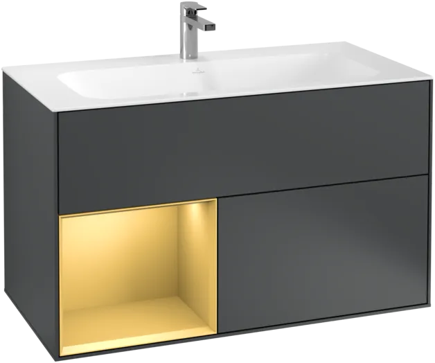 Зображення з  VILLEROY BOCH Finion Vanity unit, with lighting, 2 pull-out compartments, 996 x 591 x 498 mm, Midnight Blue Matt Lacquer / Gold Matt Lacquer #F030HFHG