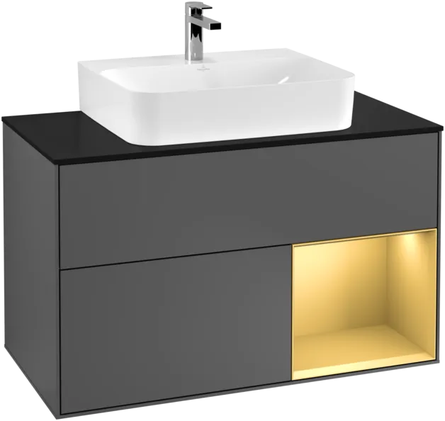 Obrázek VILLEROY BOCH Toaletní skříňka Finion, s osvětlením, 2 výsuvy, 1000 x 603 x 501 mm, antracit matný lak / zlatý matný lak / černé matné sklo #F122HFGK