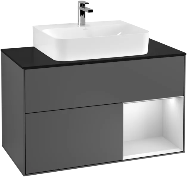 Obrázek VILLEROY BOCH Toaletní skříňka Finion, s osvětlením, 2 výsuvy, 1000 x 603 x 501 mm, antracitový matný lak / bílý matný lak / černé matné sklo #F122MTGK