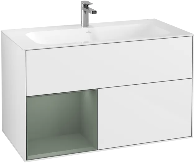 Obrázek VILLEROY BOCH Toaletní skříňka Finion, s osvětlením, 2 výsuvy, 996 x 591 x 498 mm, lesklý bílý lak / olivově matný lak #F030GMGF