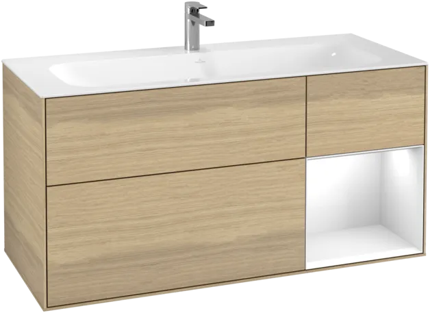 Зображення з  VILLEROY BOCH Finion Vanity unit, with lighting, 3 pull-out compartments, 1196 x 591 x 498 mm, Oak Veneer / Glossy White Lacquer #F070GFPC