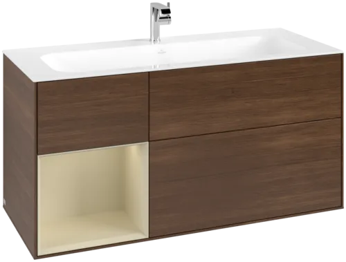 Picture of VILLEROY BOCH Finion Vanity unit, with lighting, 3 pull-out compartments, 1196 x 591 x 498 mm, Walnut Veneer / Silk Grey Matt Lacquer #F060HJGN