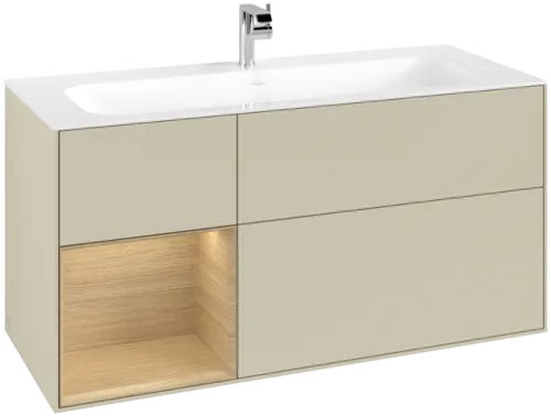 Picture of VILLEROY BOCH Finion Vanity unit, with lighting, 3 pull-out compartments, 1196 x 591 x 498 mm, Silk Grey Matt Lacquer / Oak Veneer #F060PCHJ