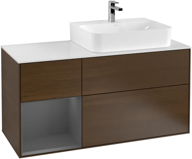 VILLEROY BOCH Finion Vanity unit, with lighting, 3 pull-out compartments, 1200 x 603 x 501 mm, Walnut Veneer / Anthracite Matt Lacquer / Glass White Matt #F141GKGN resmi