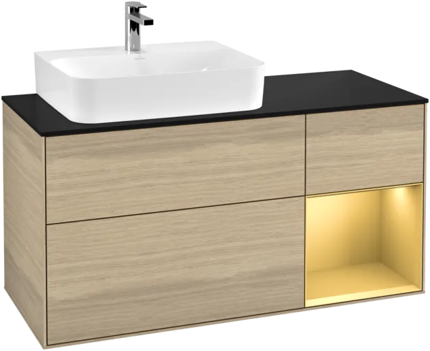 Picture of VILLEROY BOCH Finion Vanity unit, with lighting, 3 pull-out compartments, 1200 x 603 x 501 mm, Oak Veneer / Gold Matt Lacquer / Glass Black Matt #F152HFPC
