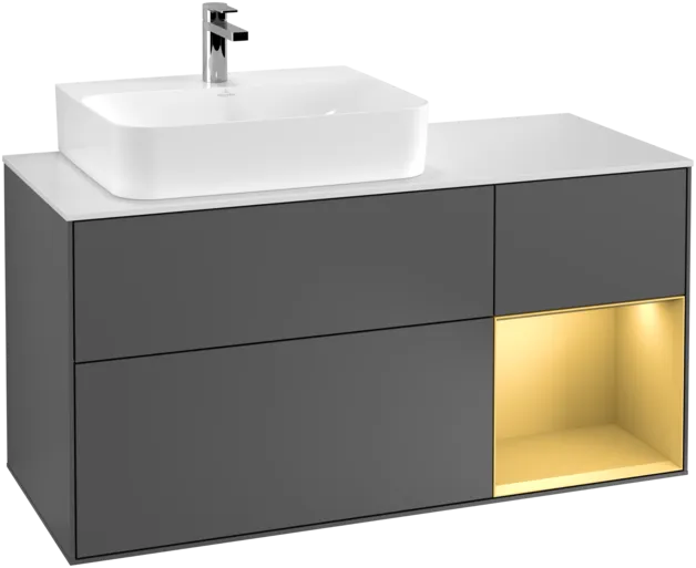 Obrázek VILLEROY BOCH Toaletní skříňka Finion, s osvětlením, 3 výsuvy, 1200 x 603 x 501 mm, antracitový matný lak / zlatý matný lak / bílé matné sklo #F151HFGK