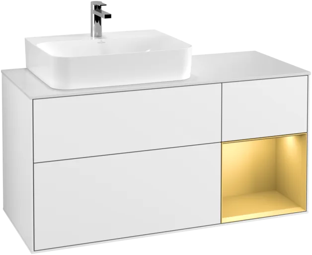 VILLEROY BOCH Finion Vanity unit, with lighting, 3 pull-out compartments, 1200 x 603 x 501 mm, Glossy White Lacquer / Gold Matt Lacquer / Glass White Matt #F151HFGF resmi