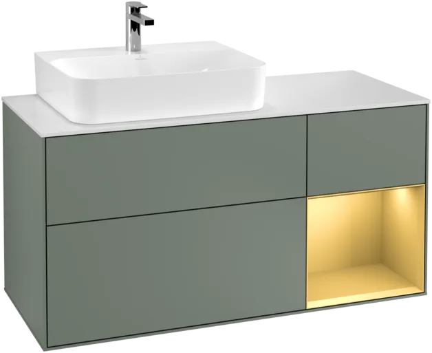 VILLEROY BOCH Finion Vanity unit, with lighting, 3 pull-out compartments, 1200 x 603 x 501 mm, Olive Matt Lacquer / Gold Matt Lacquer / Glass White Matt #F151HFGM resmi