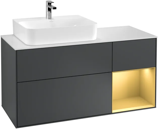 Picture of VILLEROY BOCH Finion Vanity unit, with lighting, 3 pull-out compartments, 1200 x 603 x 501 mm, Midnight Blue Matt Lacquer / Gold Matt Lacquer / Glass White Matt #F151HFHG