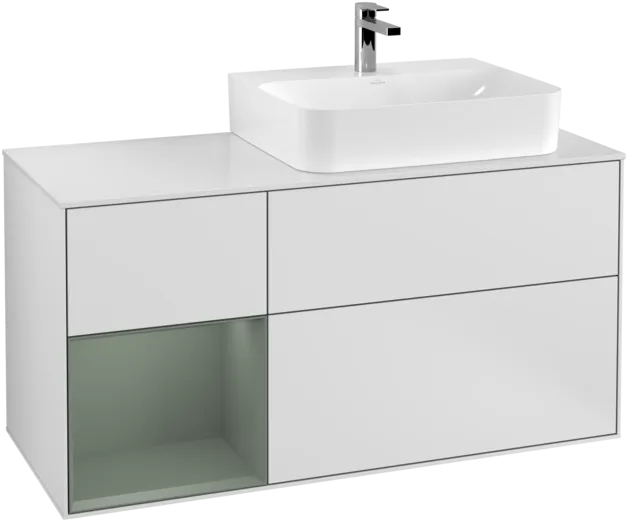 Зображення з  VILLEROY BOCH Finion Vanity unit, with lighting, 3 pull-out compartments, 1200 x 603 x 501 mm, White Matt Lacquer / Olive Matt Lacquer / Glass White Matt #F141GMMT