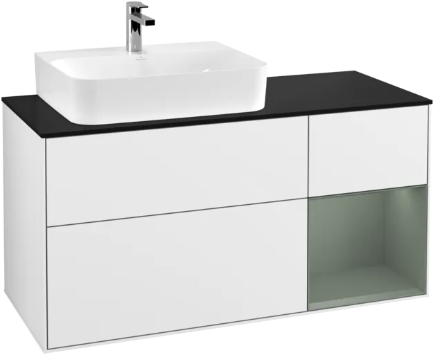 Зображення з  VILLEROY BOCH Finion Vanity unit, with lighting, 3 pull-out compartments, 1200 x 603 x 501 mm, Glossy White Lacquer / Olive Matt Lacquer / Glass Black Matt #F152GMGF