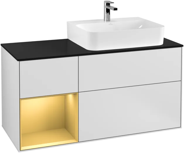 VILLEROY BOCH Finion Vanity unit, with lighting, 3 pull-out compartments, 1200 x 603 x 501 mm, White Matt Lacquer / Gold Matt Lacquer / Glass Black Matt #F142HFMT resmi