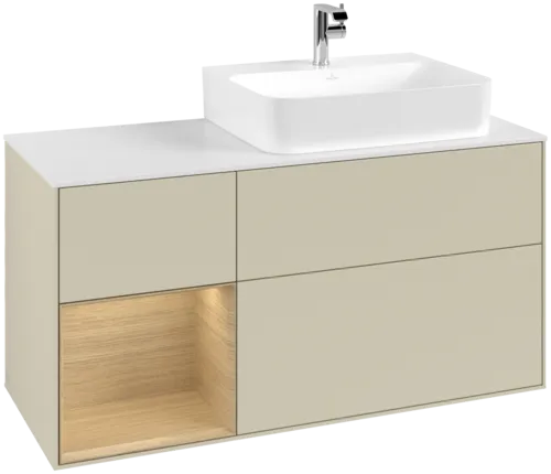 Picture of VILLEROY BOCH Finion Vanity unit, with lighting, 3 pull-out compartments, 1200 x 603 x 501 mm, Silk Grey Matt Lacquer / Oak Veneer / Glass White Matt #F141PCHJ