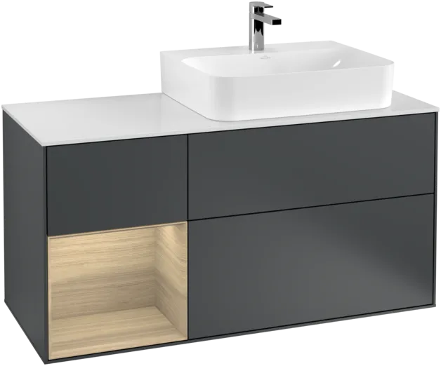 Picture of VILLEROY BOCH Finion Vanity unit, with lighting, 3 pull-out compartments, 1200 x 603 x 501 mm, Midnight Blue Matt Lacquer / Oak Veneer / Glass White Matt #F141PCHG